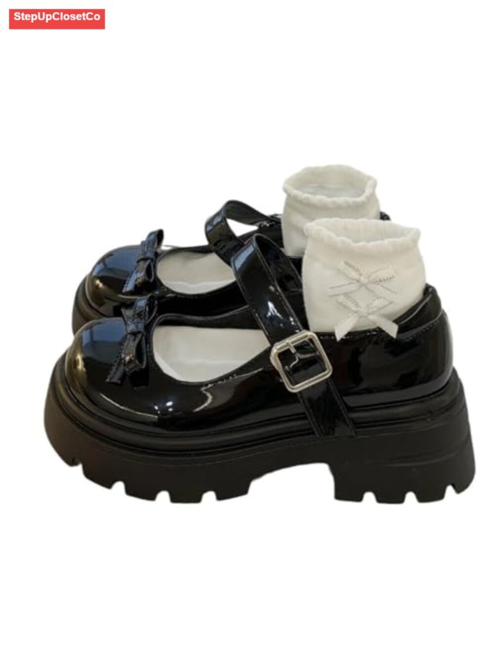 Ulalaza Platform Mary Jane Loafers Chunky Mid-Heel Chain Lace Up Round Toe